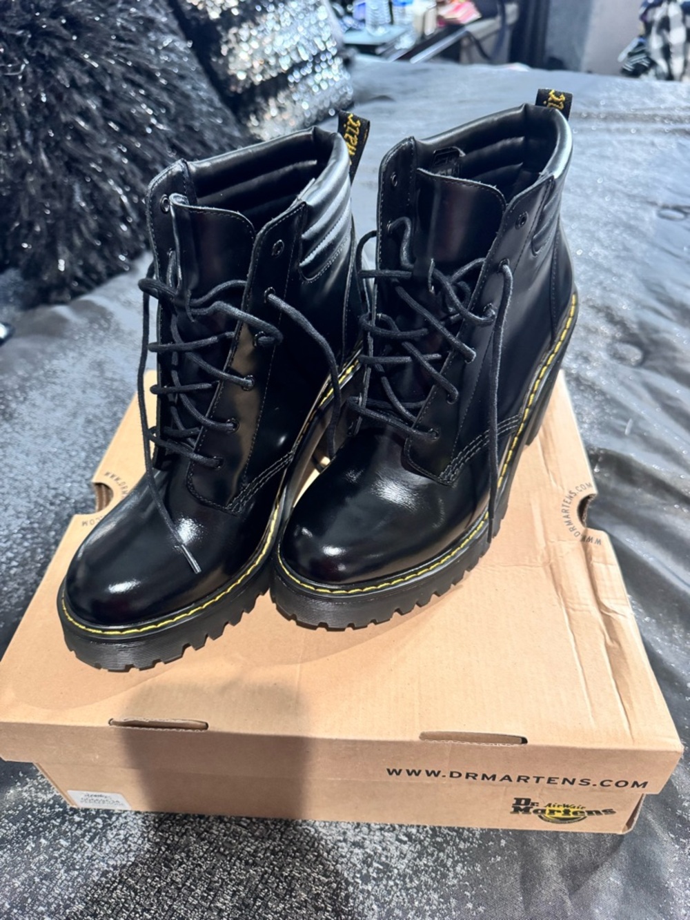 Dr. Martens Black Leather Lace-Up Platform Ankle Boots with Yellow Stitching